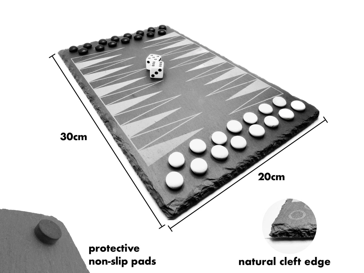 Backgammon-Spiel aus Naturschiefer, 30x20 cm mit Würfeln